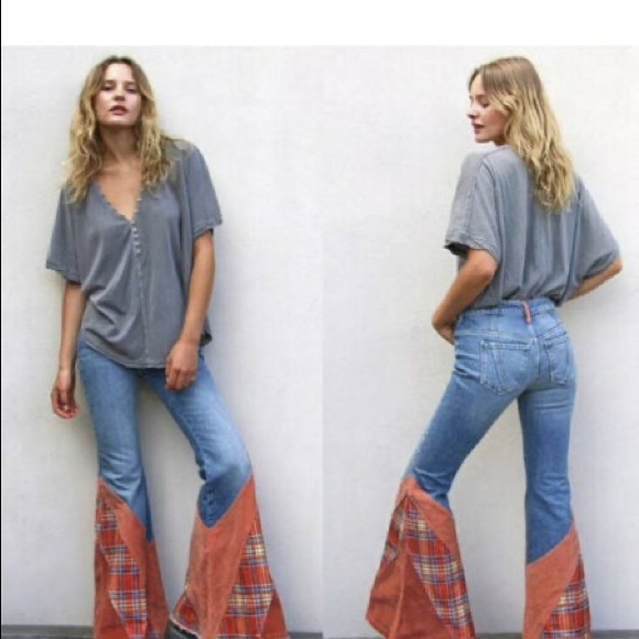 Free People Flashback Flares Blue Jeans Size 28 Plaid - Picture 3 of 12
